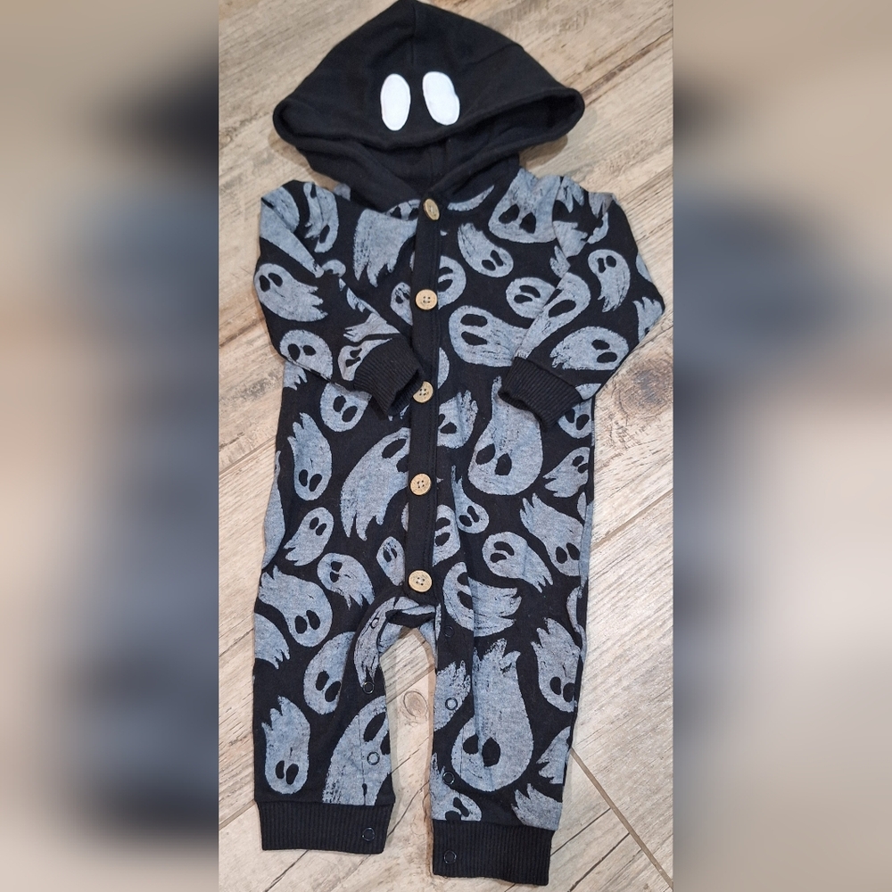 #1866 Spooky Ghost Kids One Piece - Black and Gray Sz.6-9m